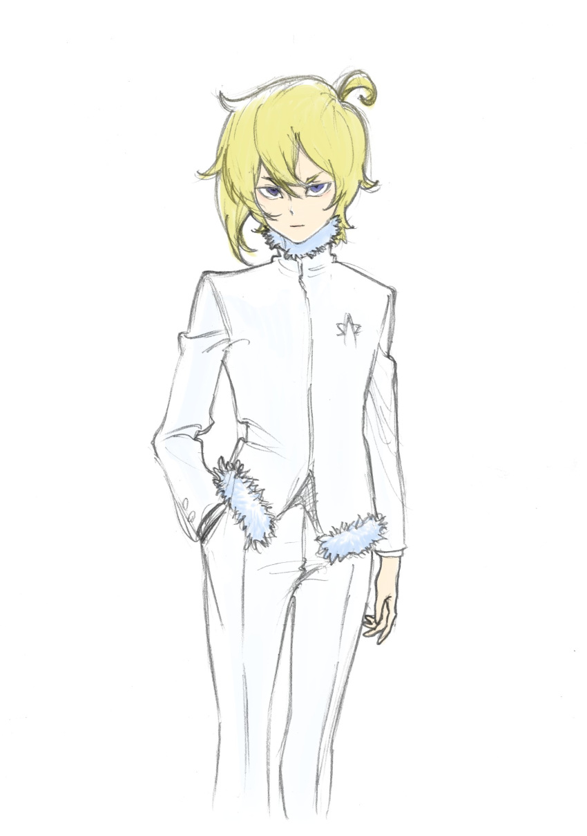 1boy, absurdres, ahoge, alpha_omega_nova, blonde_hair, flat_color, fur_trim, hand_in_pocket