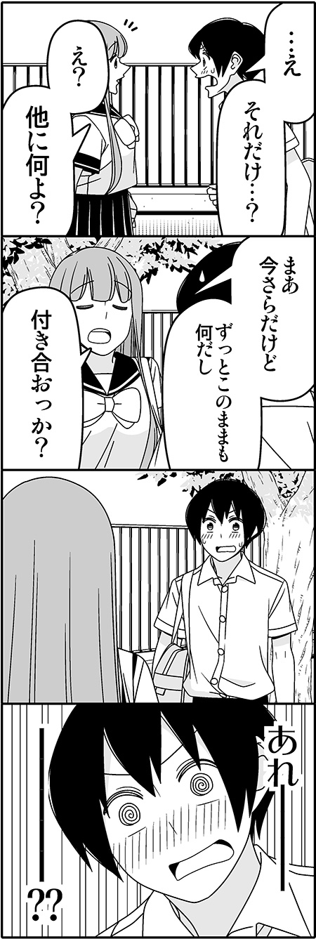 1boy, 1girl, 4koma, @_@, bag, blush, comic, furuya_hotaru
