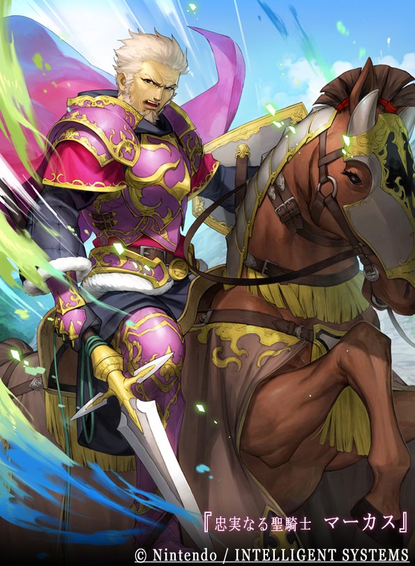 1boy, armor, armored_boots, beard, boots, copyright_name, facial_hair, fire_emblem, fire_emblem:_fuuin_no_tsurugi, fire_emblem_cipher, gloves, horse, male_focus, marcus_(fire_emblem), official_art, polearm, shield, solo, spear, teeth, weapon, white_hair