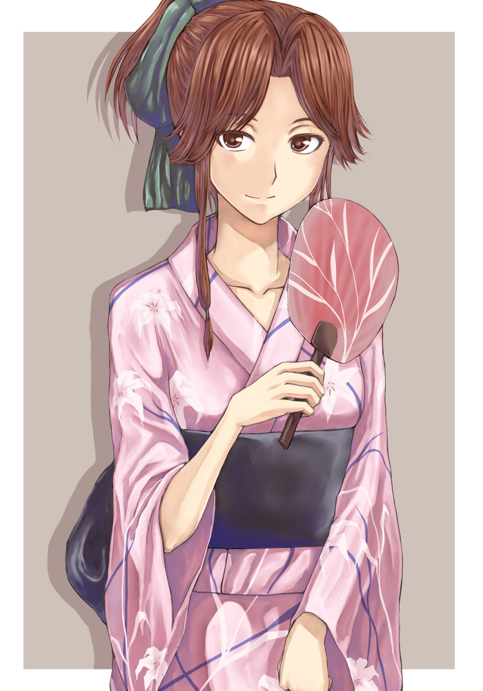 1girl, bow, brown_eyes, brown_hair, enu_(n_storage), fan, hair_bow, hair_intakes