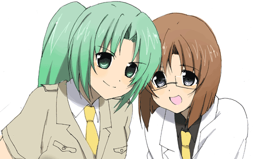 2girls, aoi_(dizzy), cosplay, glasses, green_eyes, green_hair, higurashi_no_naku_koro_ni, irie_kyousuke