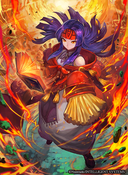 1girl, book, bow, cape, copyright_name, fire, fire_emblem, fire_emblem:_akatsuki_no_megami