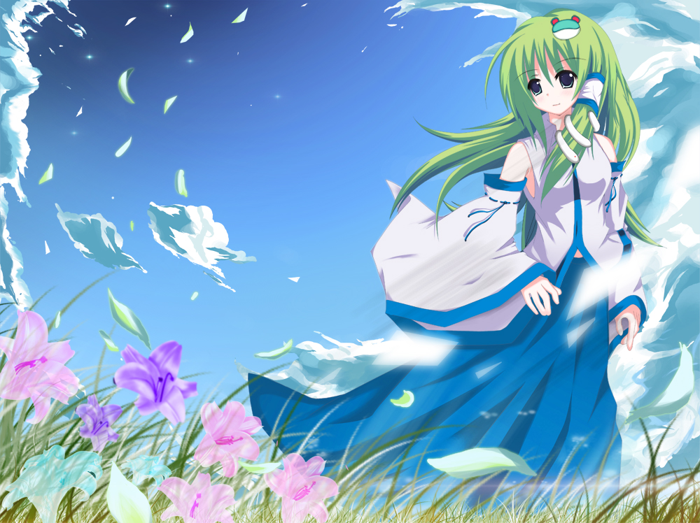 green_hair, kochiya_sanae, long_hair, long_skirt, skirt, sky, touhou, wind