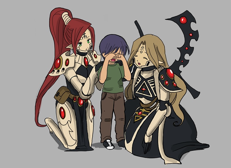 1boy, 2girls, armor, breasts, brown_hair, closed_eyes, crying, eldar