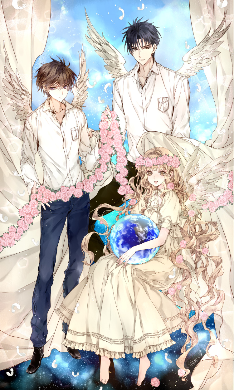 1girl, 2boys, angel_wings, barefoot, black_hair, blonde_hair, blue_eyes, brown_eyes