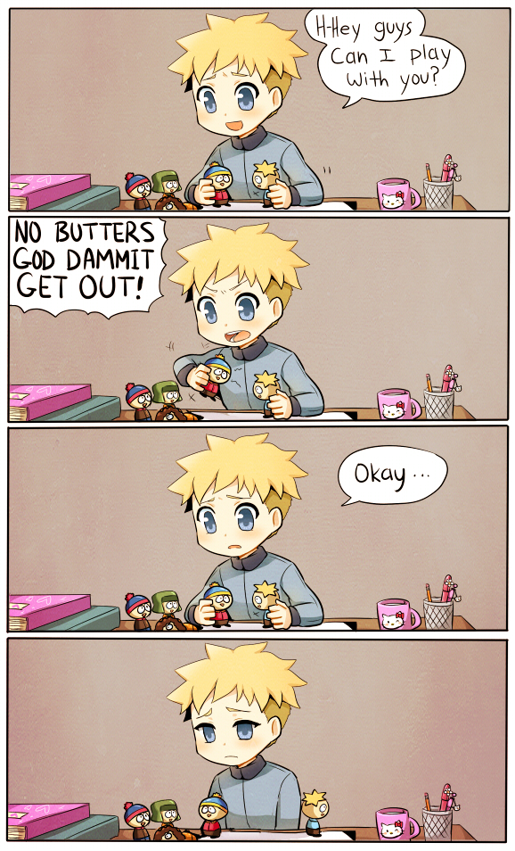 1boy, 4koma, blonde_hair, blue_eyes, blue_jacket, book, butters_stotch, character_doll