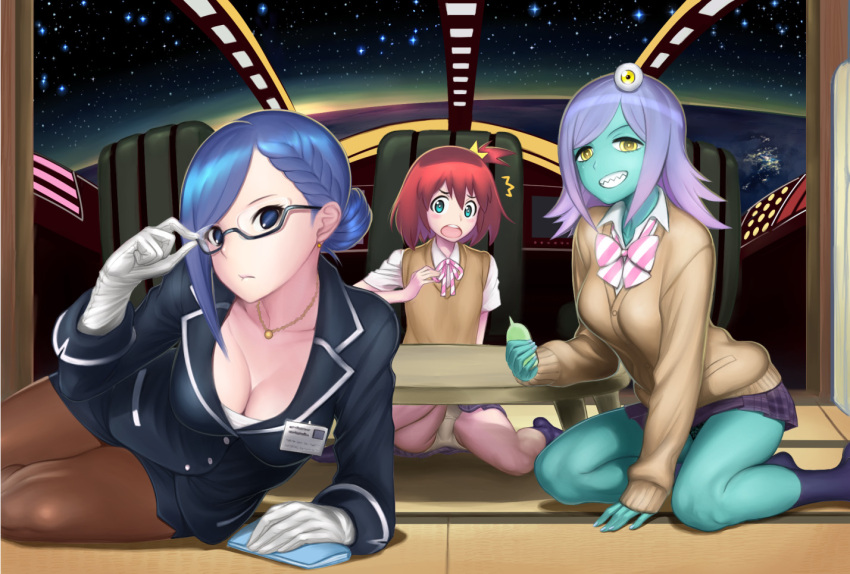 3girls, blue_hair, breasts, brown_hair, cleavage, formal, glasses, green_skin
