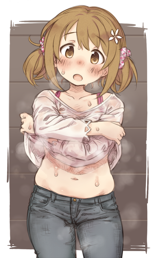 1girl, 7010, alternate_hairstyle, belly, blush, brown_eyes, brown_hair, cowboy_shot