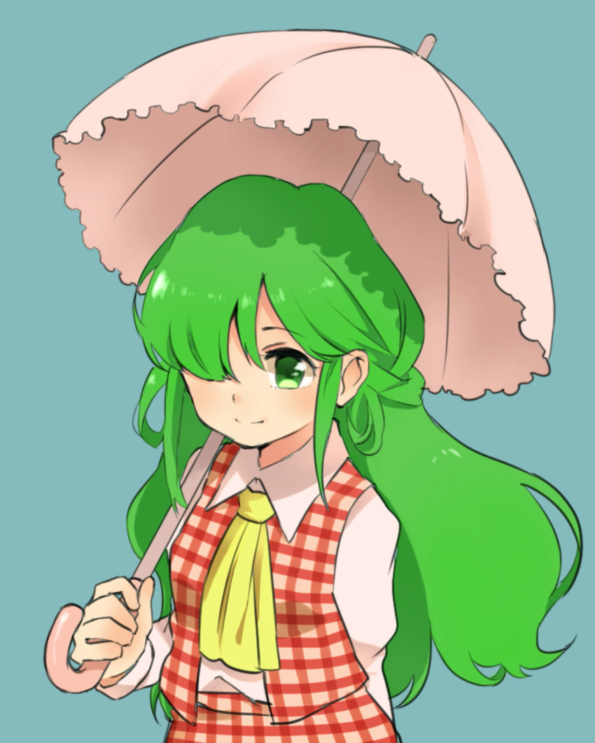 1girl, ascot, green_eyes, green_hair, highres, kazami_yuuka, long_hair, long_sleeves, parasol, plaid, plaid_skirt, plaid_vest, sasa_kichi, skirt, solo, touhou, touhou_(pc-98), umbrella, vest