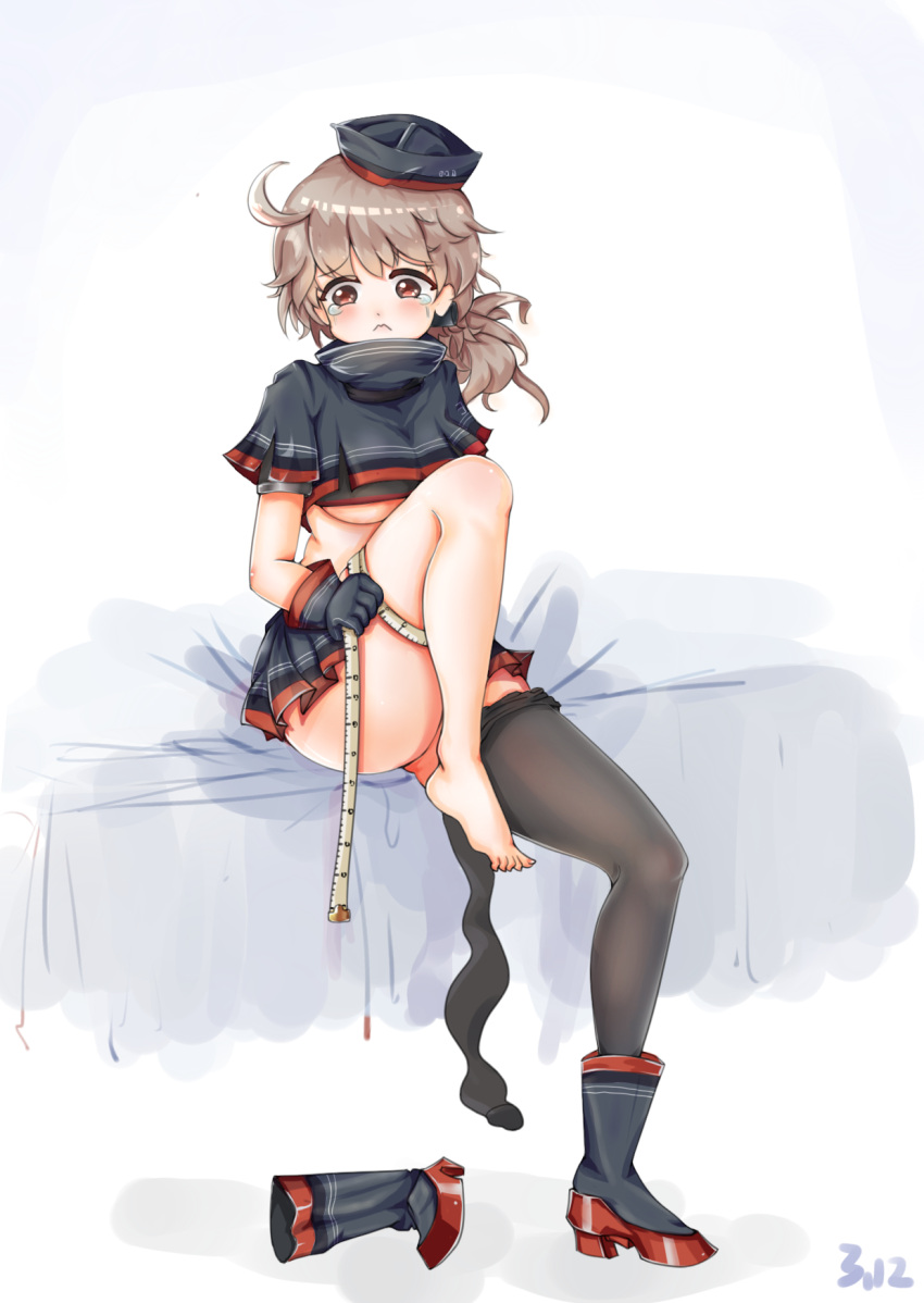 1girl, blush, breasts, brown_eyes, brown_hair, gloves, hair_ornament, hat