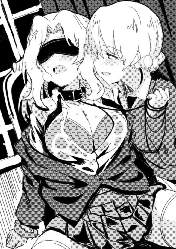 2girls, bdsm, blindfold, blush, bondage, bound, breasts, cleavage, collar, darjeeling, femdom, fuzzy_handcuffs, girls_und_panzer, kay_(girls_und_panzer), leash, long_hair, monochrome, multiple_girls, see-through, shirt, short_hair, skirt, thigh-highs, ulrich_(tagaragakuin), wet, wet_clothes, wet_shirt, yuri