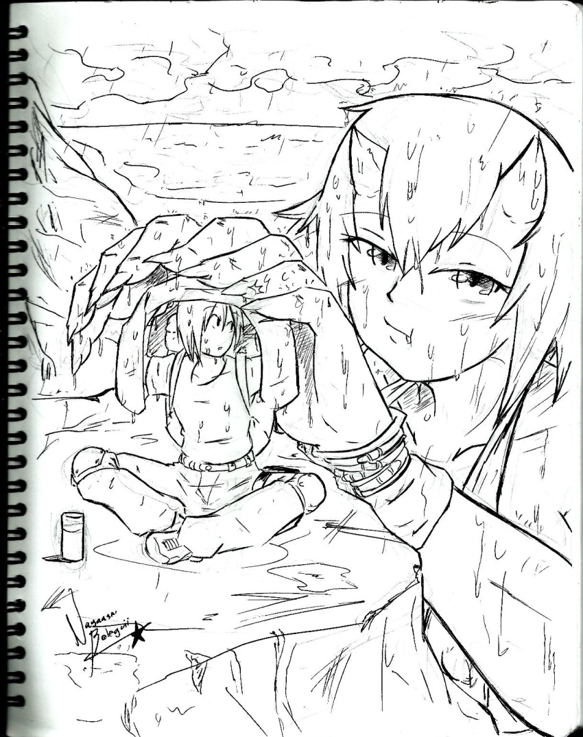 1boy, 1girl, claws, giantess, gigantes_(monster_musume), highres, horns, monochrome, monster_girl, monster_musume_no_iru_nichijou, nayaase_beleguii, pout, rain, signature, sitting, size_difference, sketch, traditional_media, wet, wrist_cuffs