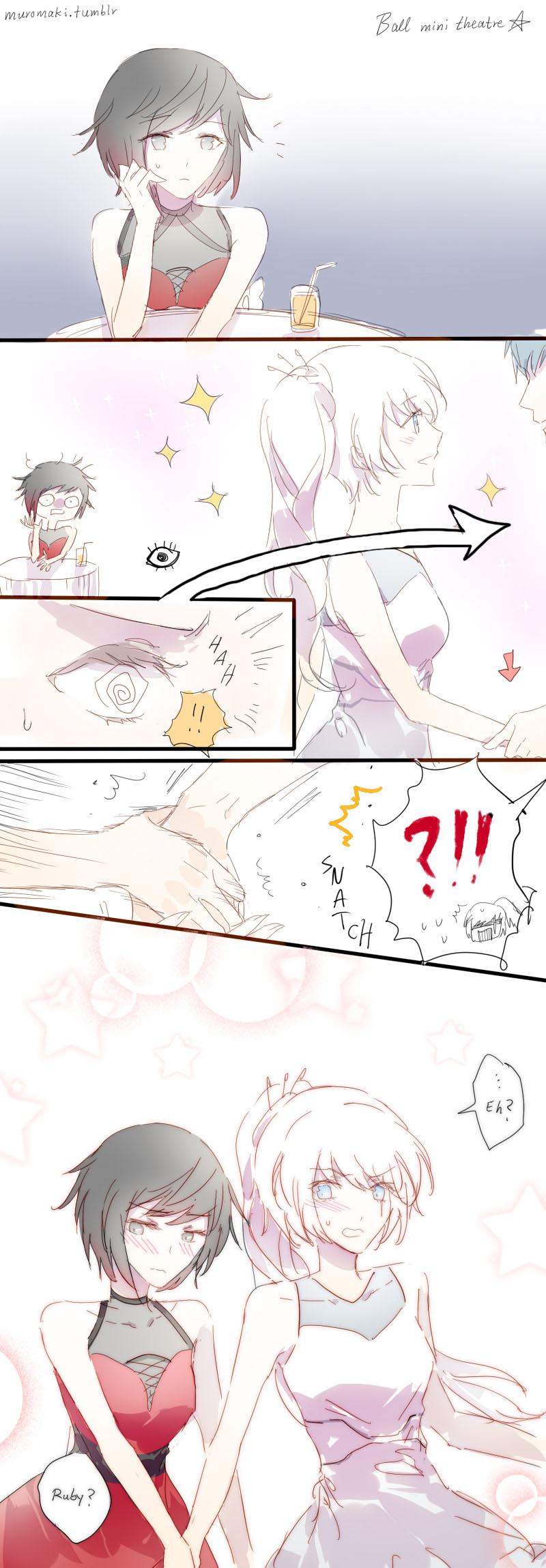 1boy, 2girls, ?!!, blush, brown_hair, comic, dress, english