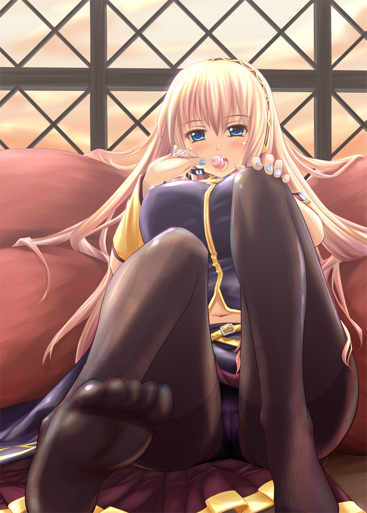 blue_eyes, blush, breasts, candy, feet, hairband, kou_(haijindeath), kou_(pixiv27343), large_breasts, licking, lollipop, long_hair, megurine_luka, nail_polish, navel, panties, panties_under_pantyhose, pantyhose, pink_hair, pov_feet, saliva, underwear, vocaloid