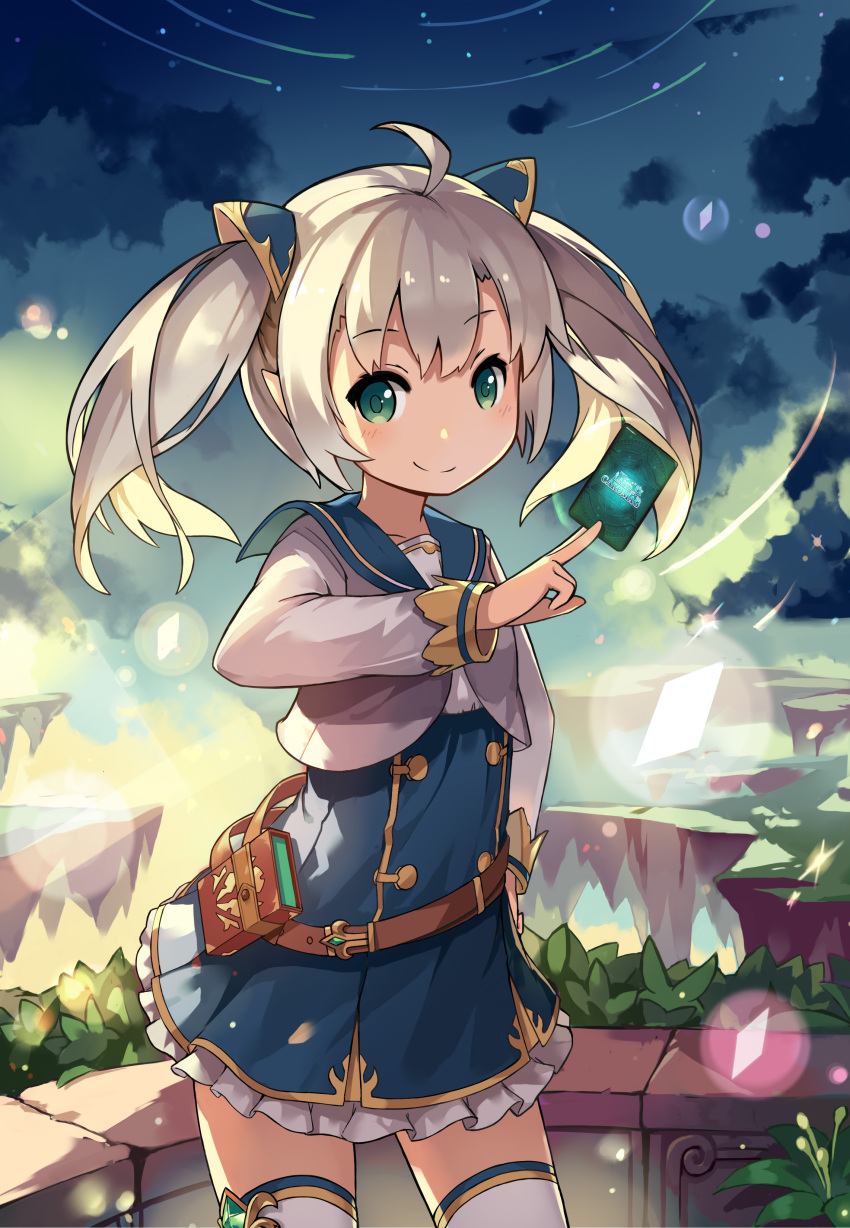 1girl, absurdres, ahoge, aqua_eyes, card, hair_tubes, highres, holding