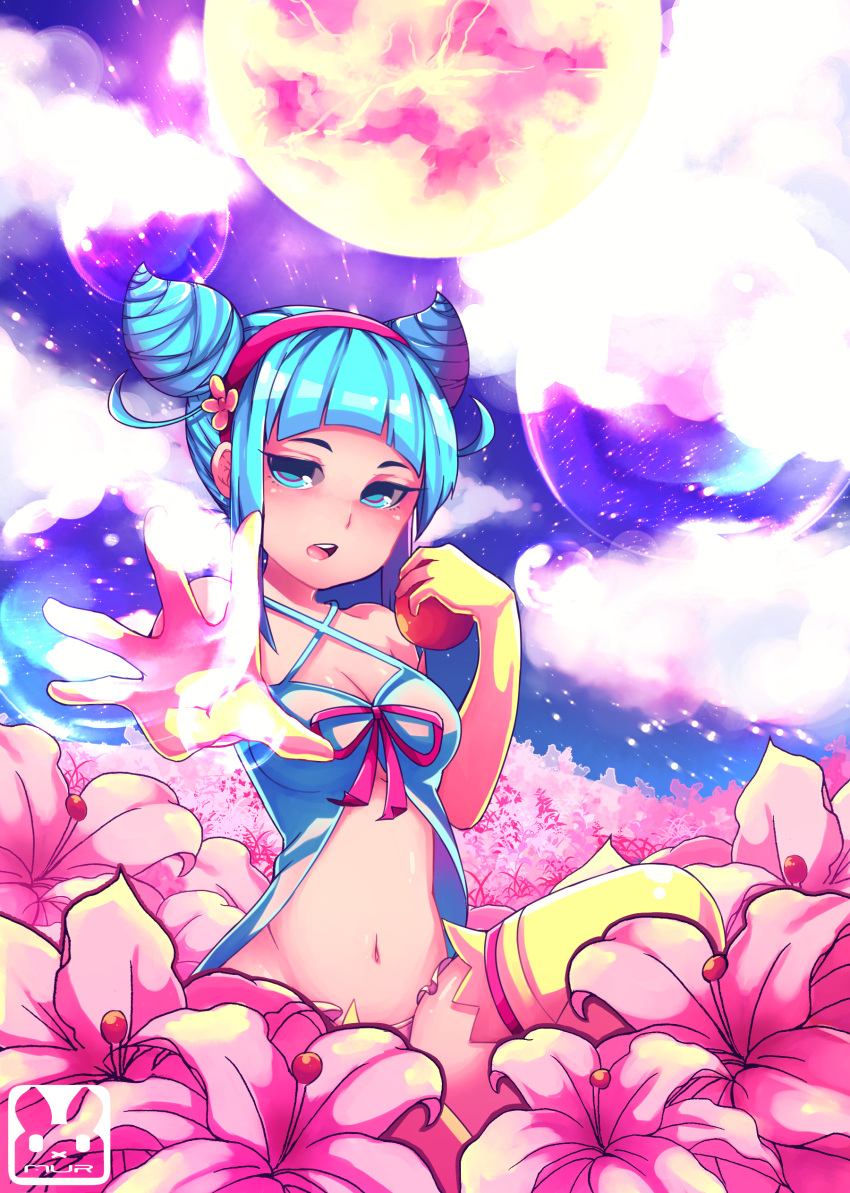 1girl, apple, aqua_eyes, aqua_hair, bare_shoulders, blue_eyes, blue_hair, breasts