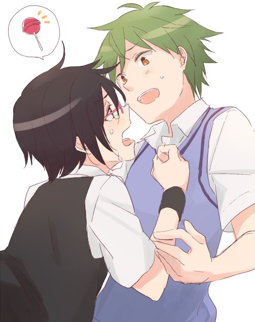 2boys, akiyama_hayato, black_hair, brown_eyes, candy, crying, crying_with_eyes_open, green_eyes