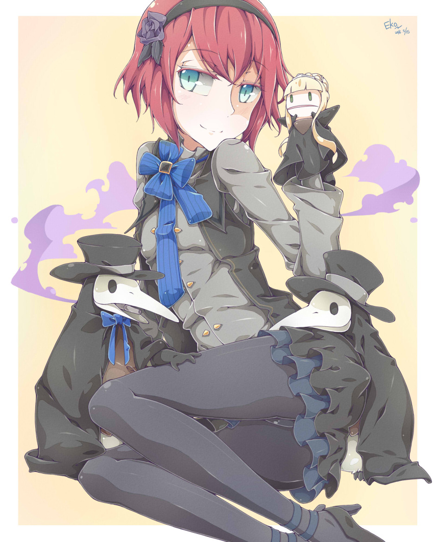 1girl, alicetaria, anklet, artist_name, black_legwear, blue_eyes, bow, bowtie, dated, eyebrows, eyebrows_visible_through_hair, falco_arrow, flower, frills, grey_shirt, hair_flower, hair_ornament, hairband, hand_puppet, hat, head_tilt, high_heels, highres, jewelry, long_sleeves, looking_at_viewer, looking_to_the_side, lying, on_side, pantyhose, plague_doctor_mask, puppet, redhead, shirt, short_hair, sitting, smile, smoke, solo, top_hat, unlight, veronica_(unlight), vest, white_border, yellow_background, yokozuwari