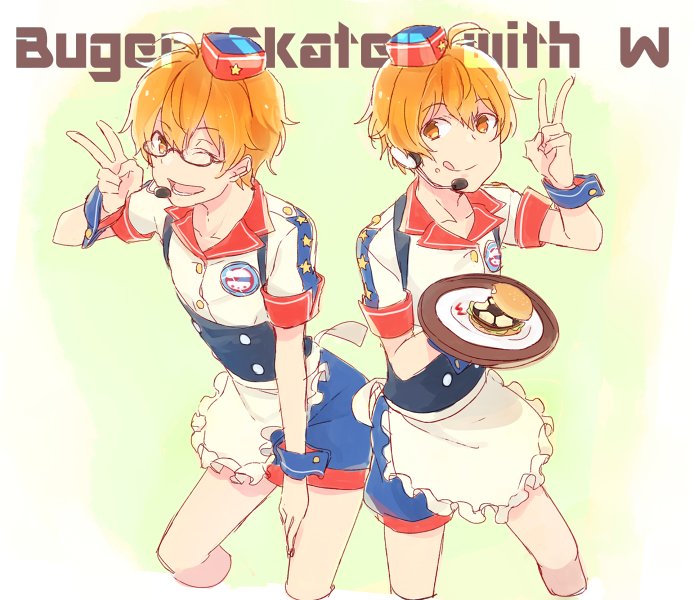 2boys, aoi_kyousuke, aoi_yuusuke, apron, brothers, burger_skater_(idolmaster), crossdressinging, food