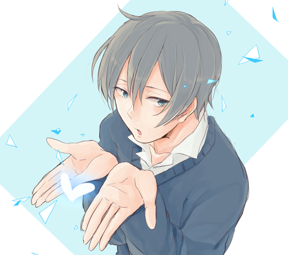 1boy, blue_eyes, from_above, grey_hair, heart, idolmaster, idolmaster_side-m, looking_at_viewer