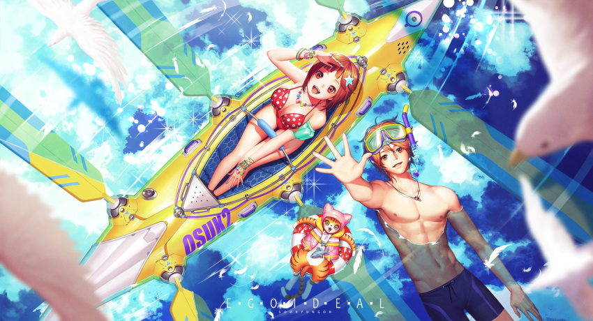1boy, 1girl, :d, animal_hat, artist_name, bangle, bikini, bird, blurry, boat, bracelet, breasts, brown_eyes, brown_hair, cat, cat_hair, cat_hat, cleavage, clouds, depth_of_field, feathers, from_above, goggles, goggles_on_head, hair_ornament, hat, highres, jewelry, life_vest, lifebuoy, looking_up, male_swimwear, necklace, open_mouth, original, outstretched_arm, polka_dot, polka_dot_bikini, reaching_out, red_bikini, reflection, short_hair, sitting, smile, snorkel, soo_kyung_oh, sparkle, star, star_hair_ornament, swim_trunks, swimsuit, swimwear, water, watercraft, yellow_eyes