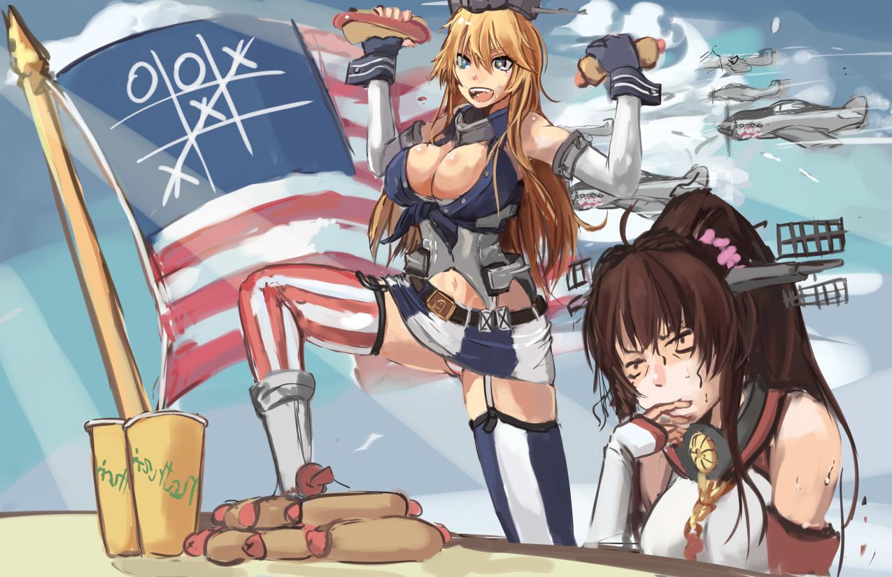 2girls, aircraft, airplane, american_flag, arms_up, bare_shoulders, black_vest, blonde_hair