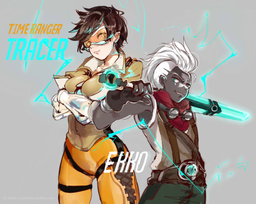 1boy, 1girl, blizzard_(company), blue_eyes, breasts, brown_hair, character_name, crossed_arms