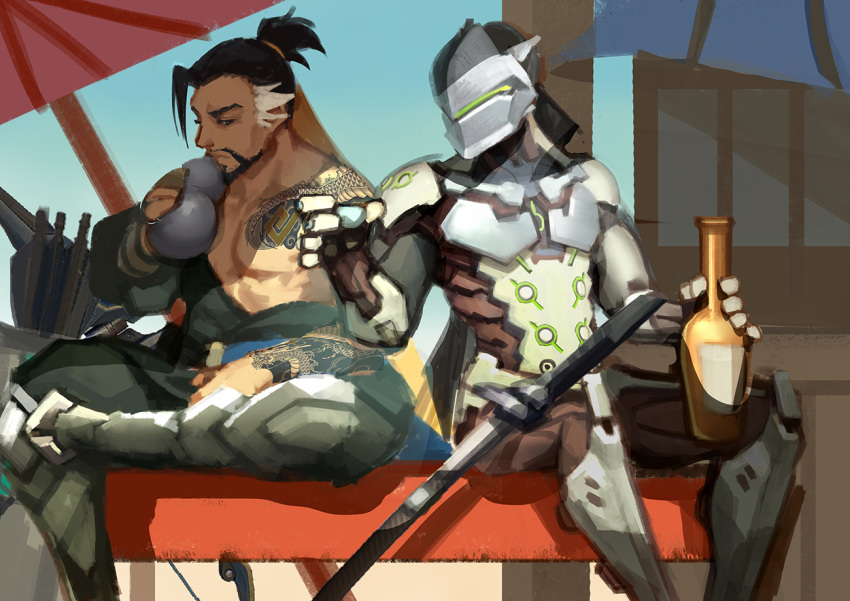 2boys, alcohol, bottle, brothers, cyborg, genji_(overwatch), gourd, greaves