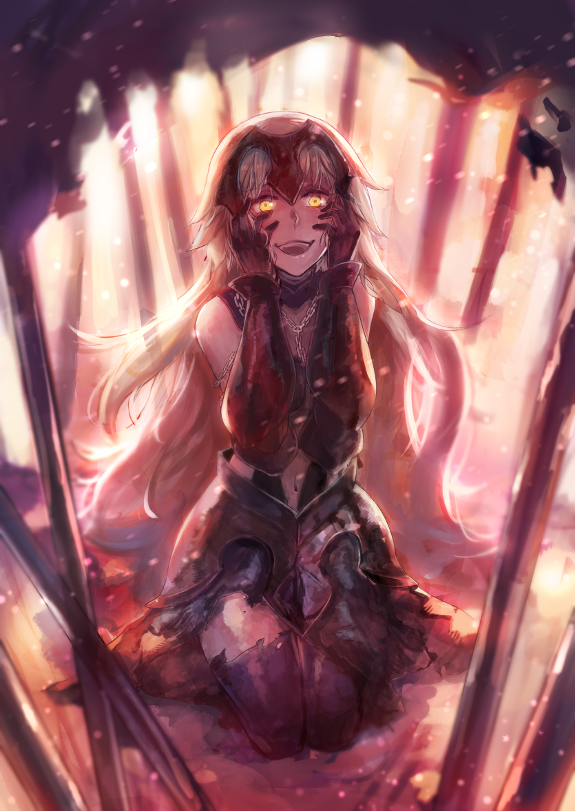 1girl, artist_request, blonde_hair, crazy_eyes, fate/grand_order, fate_(series), glowing, glowing_eyes