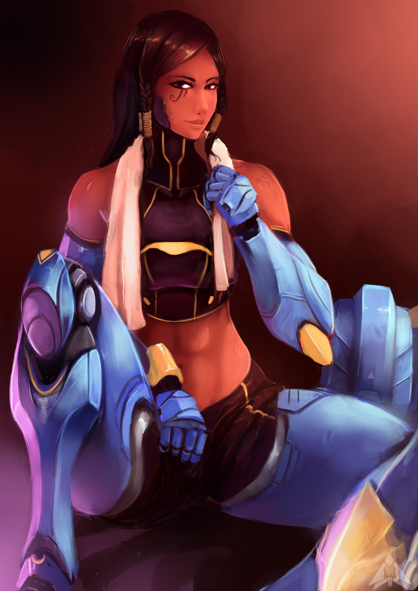 1girl, abs, absurdres, bangs, black_hair, braid, brown_eyes, cyborg