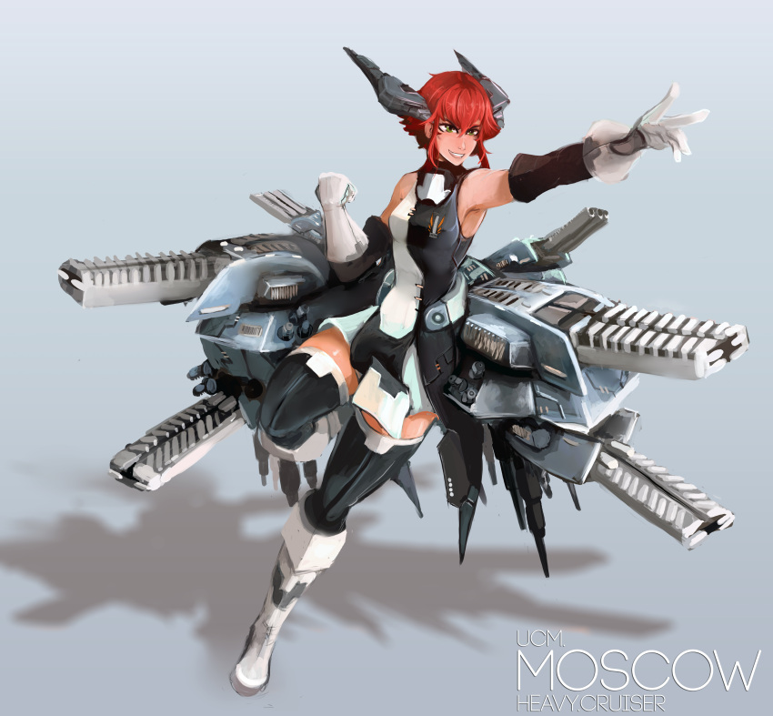 1girl, absurdres, black_legwear, boots, breasts, clenched_hand, commentary, detached_sleeves