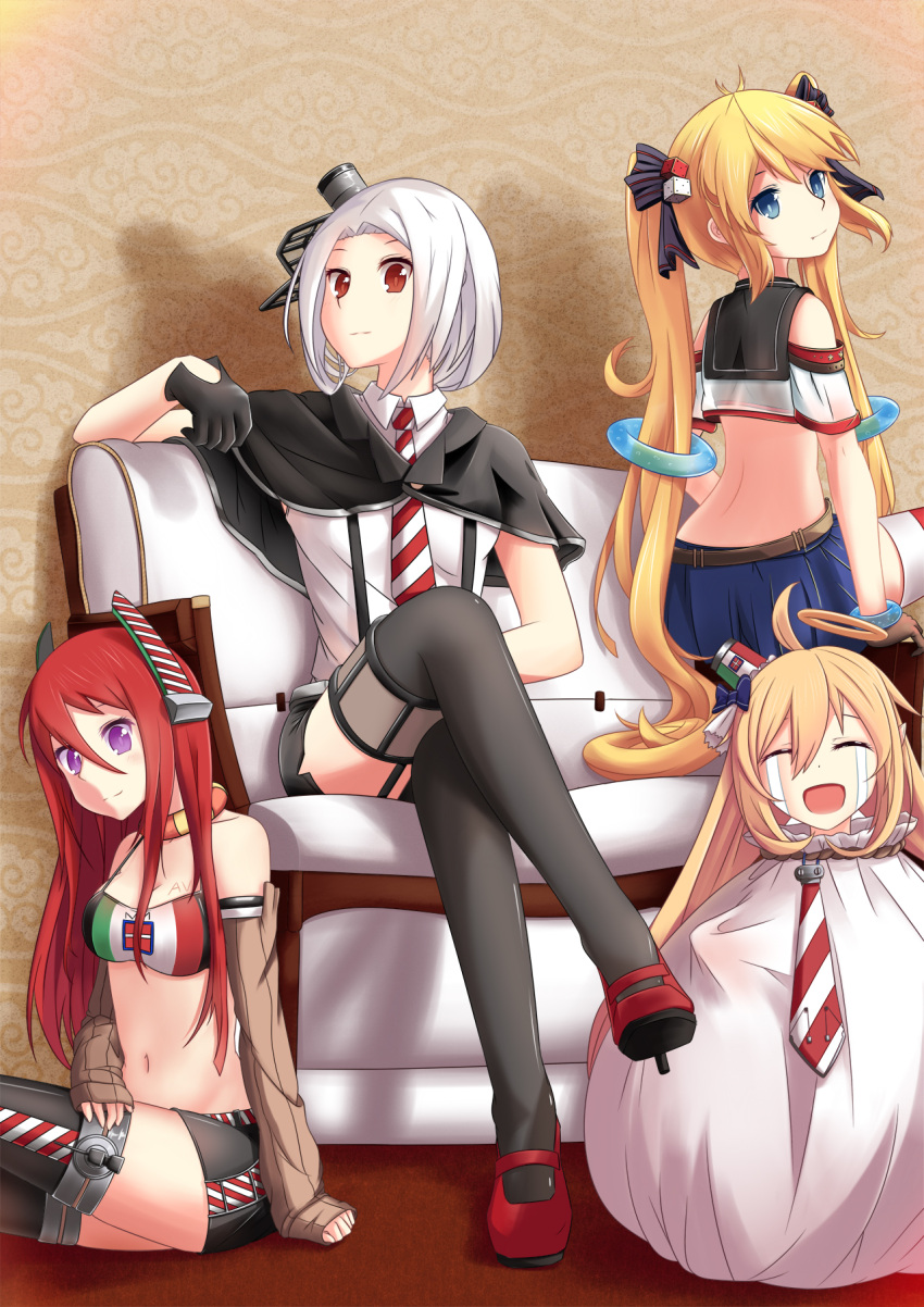4girls, :d, andrea_doria_(zhan_jian_shao_nyu), aviere_(zhan_jian_shao_nyu), bag, black_gloves, black_legwear, black_skirt