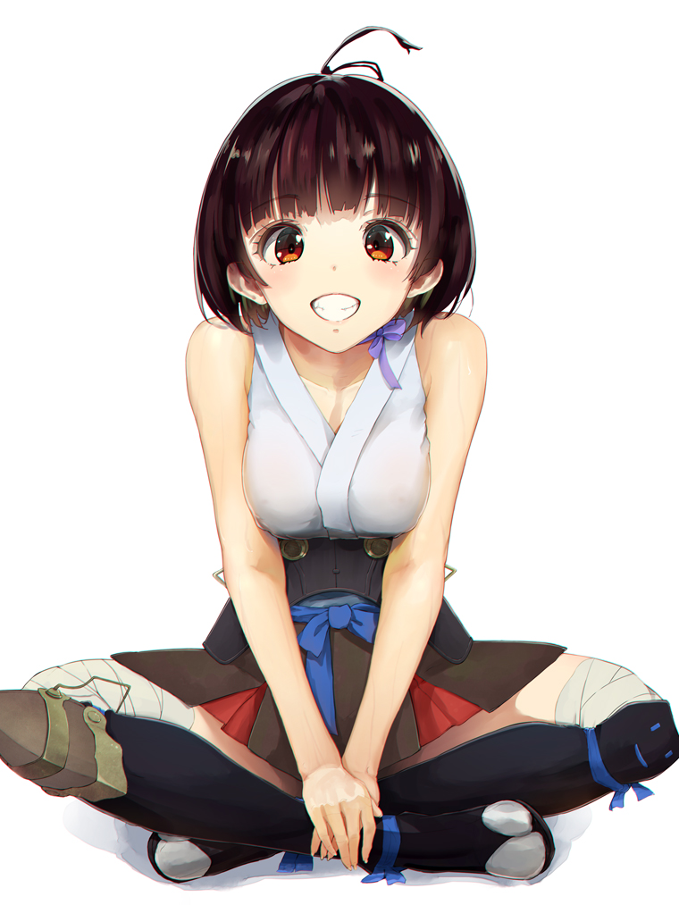 1girl, ankle_ribbon, bandage, bangs, bare_shoulders, blue_ribbon, blush, breasts