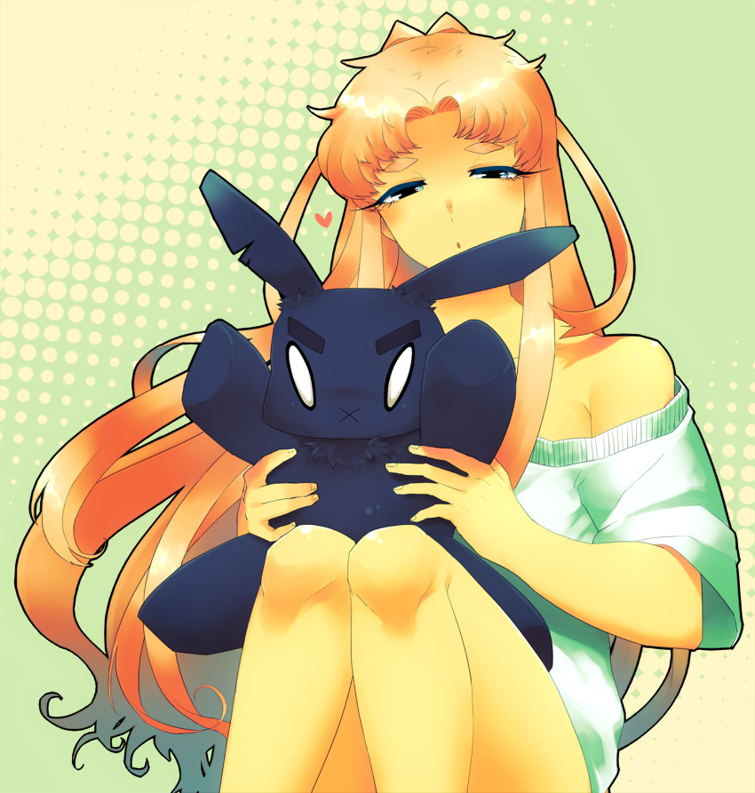 1boy, :x, bare_shoulders, black_eyes, eyebrows, heart, houjohh, long_hair, off_shoulder, original, pink_hair, rabbit, sitting, solo, thick_eyebrows, trap