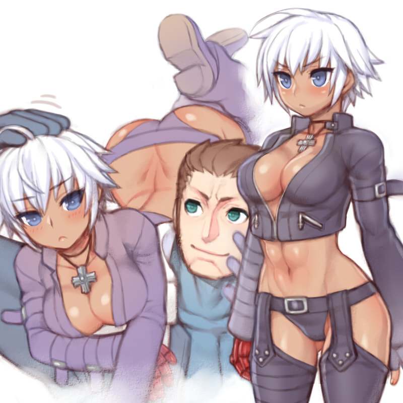 >:(, 1boy, 1girl, abs, angel_(kof), black_panties, blue_eyes, blush