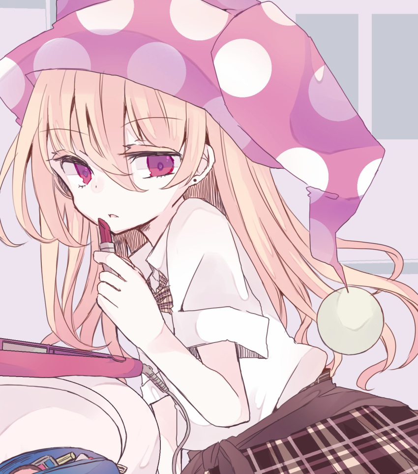 1girl, alternate_costume, blonde_hair, clownpiece, dress_shirt, hair_straightener, hat, highres