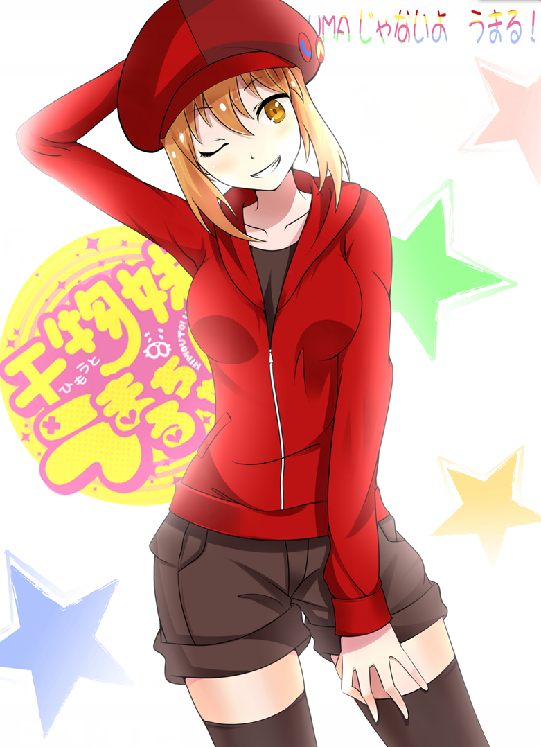 1girl, black_legwear, black_shorts, brown_eyes, brown_hair, character_request, collarbone, doma_umaru, grin, guanghe_zuoyong_de_de_yezi, hat, himouto!_umaru-chan, long_hair, one_eye_closed, red_hat, red_sweater, shorts, smile, solo, star, thigh-highs, umr