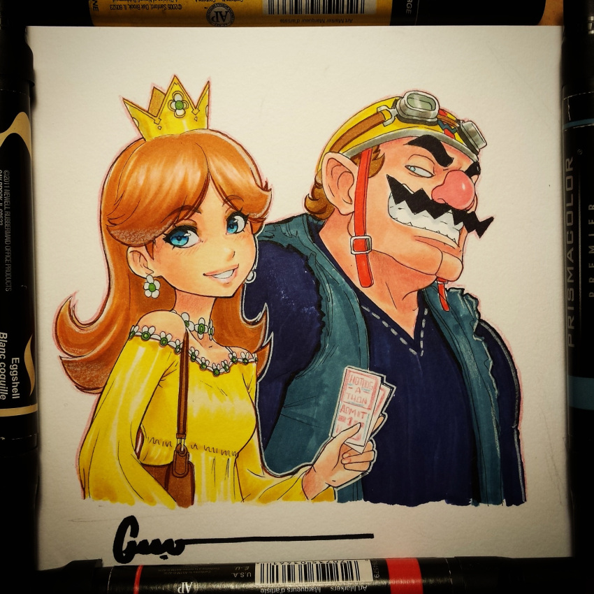 1boy, 1girl, adapted_costume, bag, blue_eyes, blue_vest, blush, card, choker, couple, crown, dress, earrings, eyebrows, eyebrows_visible_through_hair, facial_hair, flower_earrings, goggles, goggles_on_head, grin, handbag, helmet, highres, holding, holding_card, jewelry, long_hair, long_sleeves, super_mario_bros., marker_(media), mustache, omar_dogan, open_clothes, open_vest, orange_hair, over_shoulder, paper, photo, pink_lips, pink_nose, princess_daisy, signature, smile, super_mario_bros., super_mario_land, sweater, teeth, thick_eyebrows, traditional_media, upper_body, vest, wario, warioware, yellow_dress