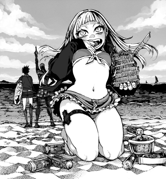 1girl, 2boys, bangs, beach, bikini, blunt_bangs, boku_no_hero_academia, bubaigawara_jin