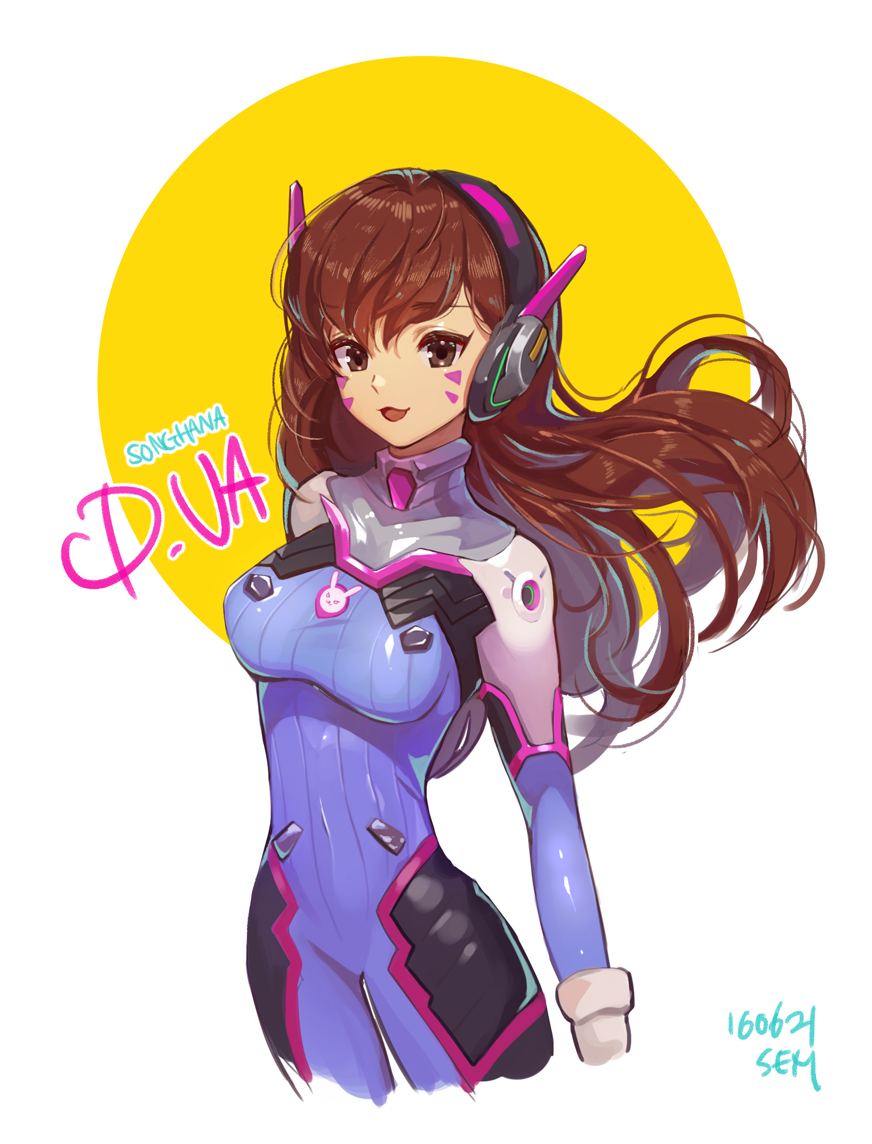 1girl, armor, artist_name, bangs, bodysuit, breasts, brown_eyes, brown_hair, cowboy_shot, cropped_legs, d.va_(overwatch), dated, eyebrows, eyebrows_visible_through_hair, facepaint, facial_mark, gloves, headphones, high_collar, long_hair, looking_at_viewer, open_mouth, overwatch, pilot_suit, sem_(honey_sv), shoulder_pads, smile, solo, turtleneck, whisker_markings