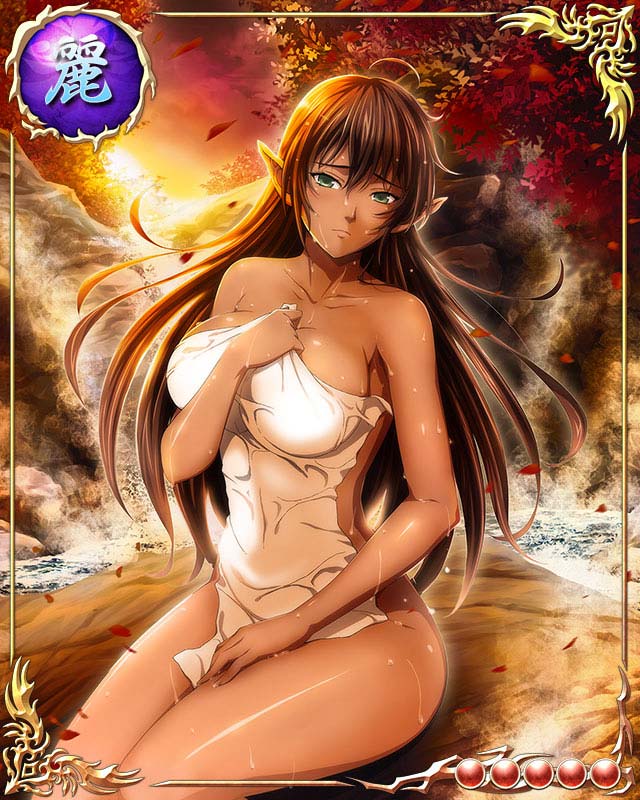 1girl, arshes_nei, bare_shoulders, bastard!!, breasts, brown_hair, card_(medium), covering