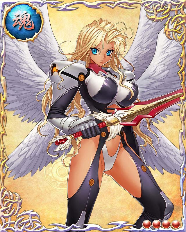1girl, angel, angel_wings, armor, bastard!!, blonde_hair, blue_eyes, breasts, card_(medium), feathers, holding, holding_sword, large_breasts, legs, long_hair, looking_at_viewer, michael_(bastard!!), mobage, mound_of_venus, raised_eyebrows, serious, shoulder_pads, simple_background, solo, standing, sword, thighs, thong