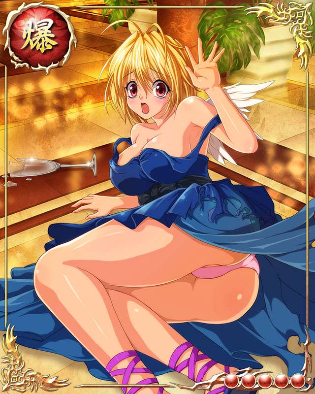 1girl, angel, angel_wings, ass, bare_shoulders, bastard!!, blonde_hair, blue_dress, breasts, card_(medium), cup, dress, eyebrows, eyebrows_visible_through_hair, feathers, feet, gabriel_(bastard!!), large_breasts, looking_at_viewer, lying, mobage, on_side, open_mouth, panties, pantyshot, pantyshot_(lying), red_eyes, sandals, short_hair, solo, underwear, wings