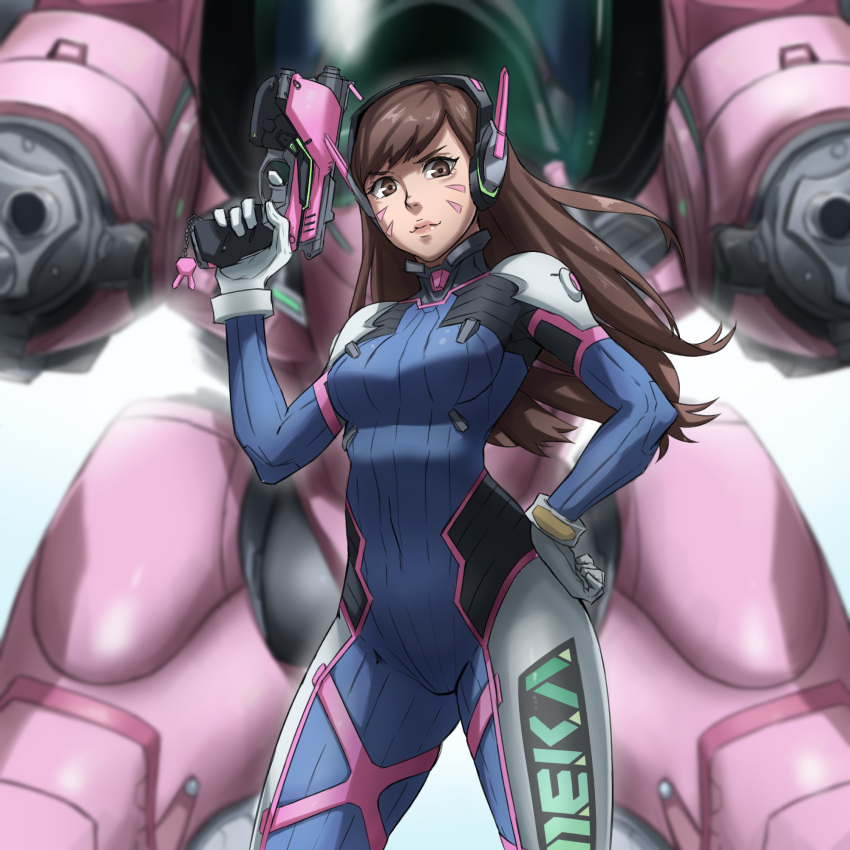 1girl, bodysuit, brown_eyes, brown_hair, d.va_(overwatch), facial_mark, gloves, gun