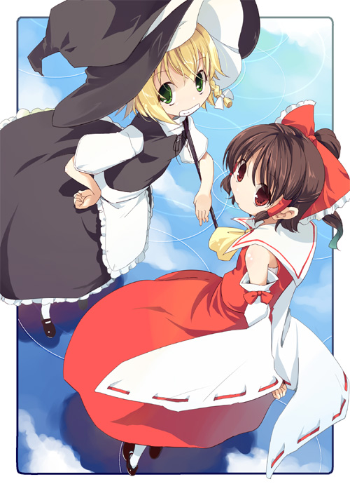 black_hair, blonde_hair, bow, detached_sleeves, green_eyes, hair_bow, hakurei_reimu, hat