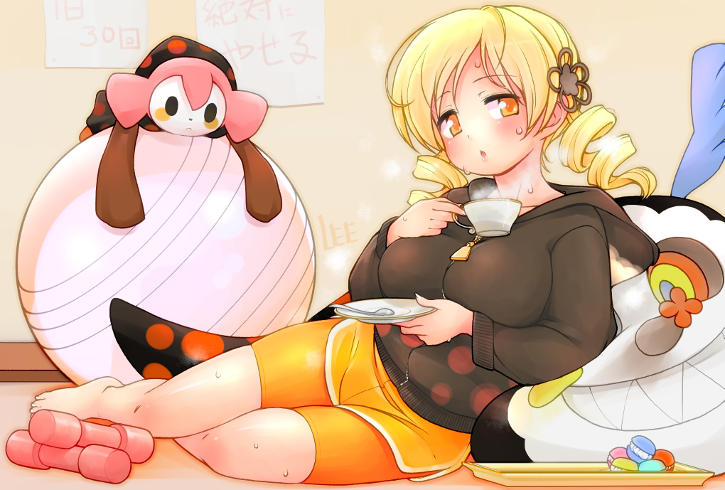 1girl, :o, ball, barefoot, bike_shorts, blonde_hair, blush, breasts