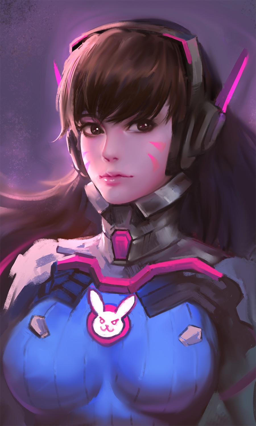 1girl, backlighting, bangs, bodysuit, breasts, brown_eyes, brown_hair, d.va_(overwatch)