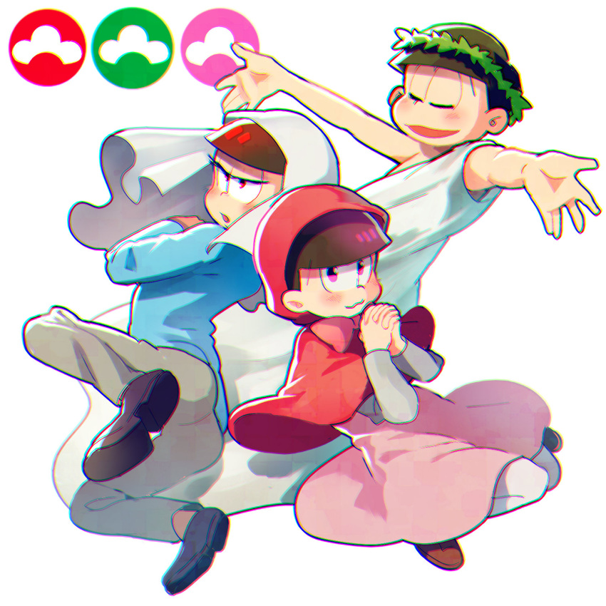 3boys, alternate_eye_color, brothers, brown_hair, chromatic_aberration, closed_eyes, formal, highres