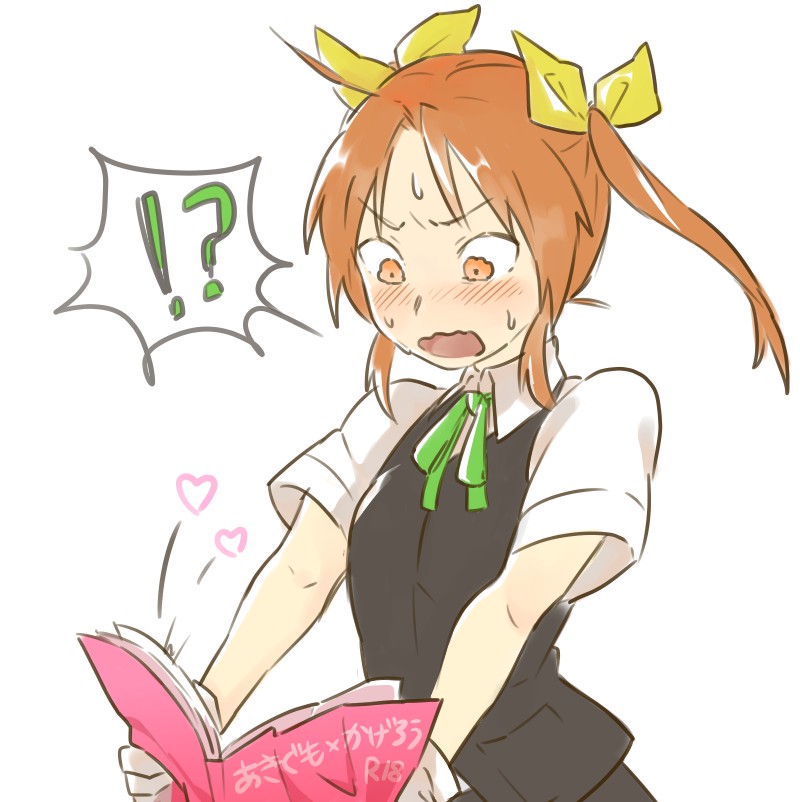 !?, 1girl, ahoge, blush, brown_hair, doujinshi, gloves, green_ribbon