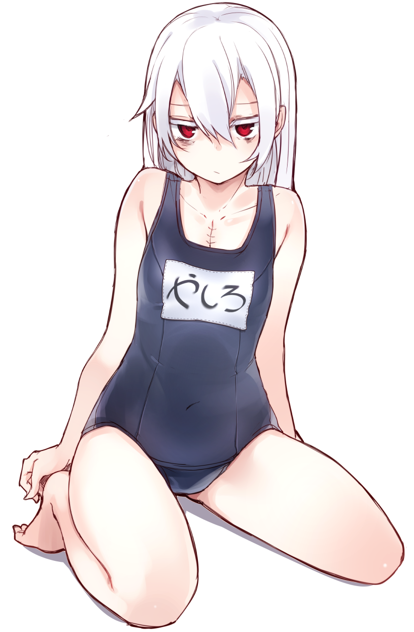 1girl, bags_under_eyes, bare_legs, bare_shoulders, barefoot, blush, collarbone, competition_school_swimsuit